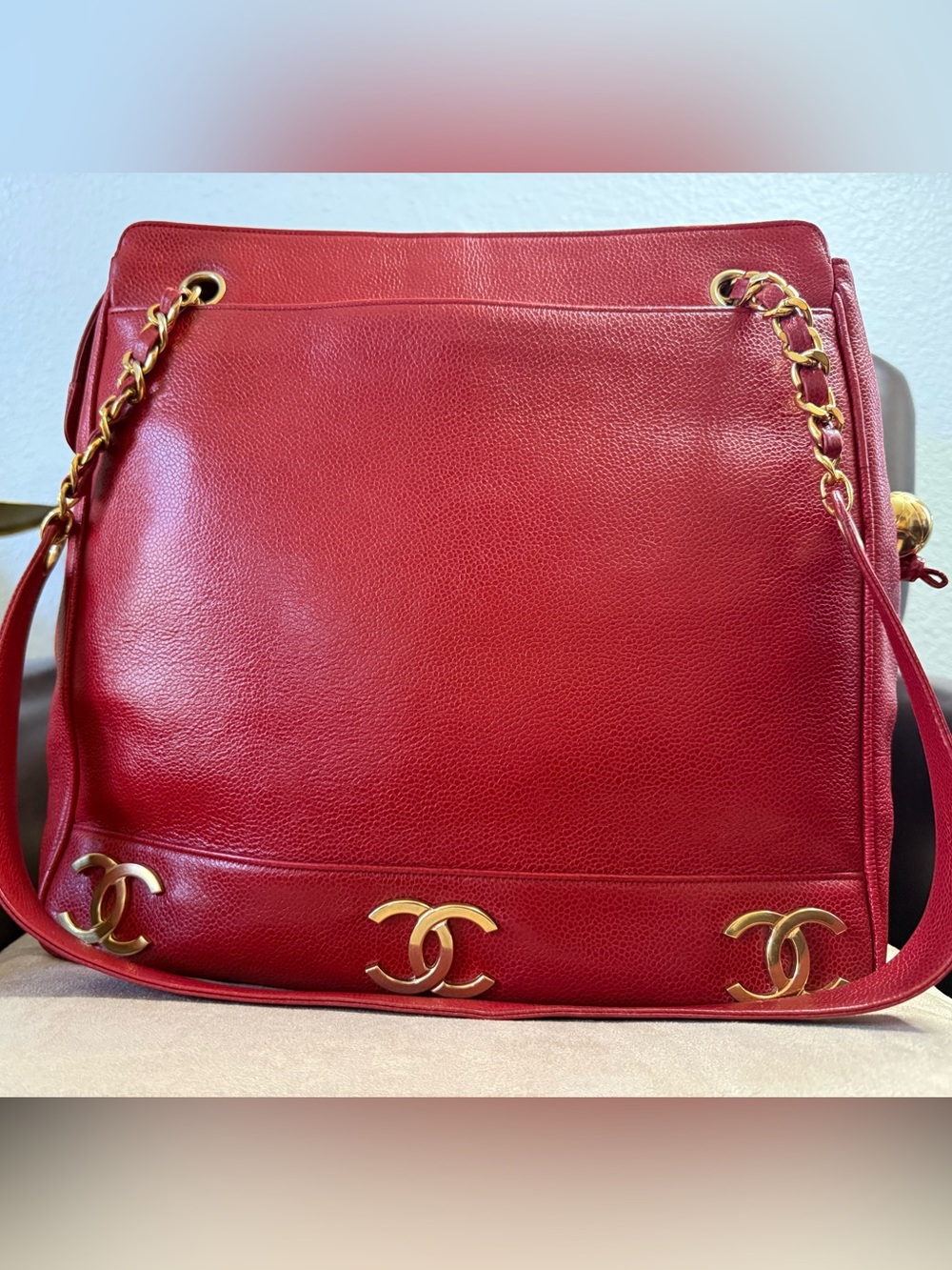 AUTHENTIC VINTAGE❣️RED CHANEL TRIPLE C LOGO CAVIAR LEATHER TOTE - SHOULDER BAG